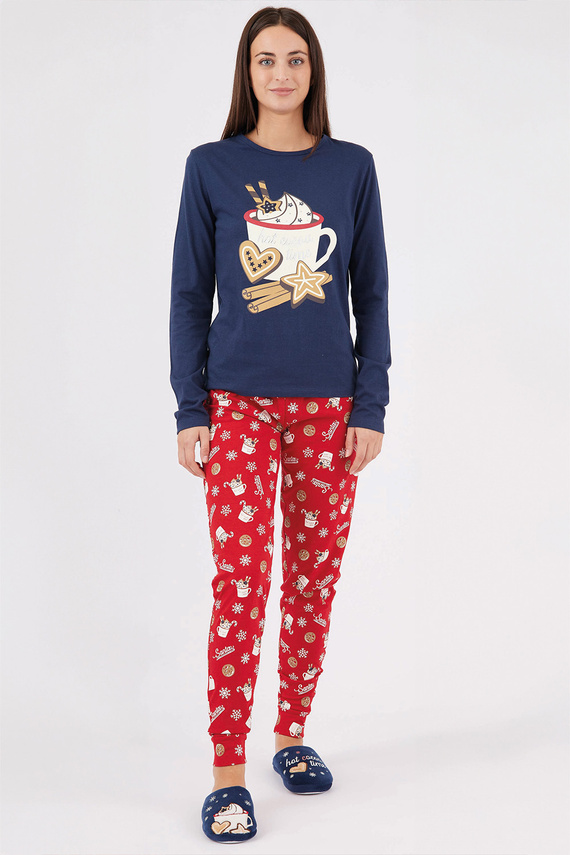 Sorbetto Natalie granatowa – świąteczna piżama damska bawełniana w śnieżynki