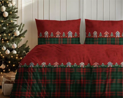 5619 A Magia Świąt Detexpol Pościel świąteczna flanelowa czerwona w domki i kratę– bawełna 100%, certyfikat OEKO-TEX®