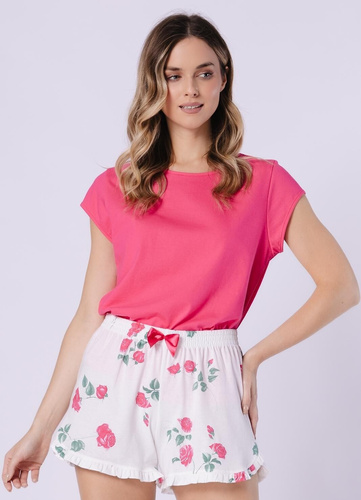 Piżama Damska 1724 Valencja Leveza – Bawełniana Piżama z Krótkim Rękawem, Wzorzystymi Szortami, Satynową Kokardką i Ozdobną Falbanką