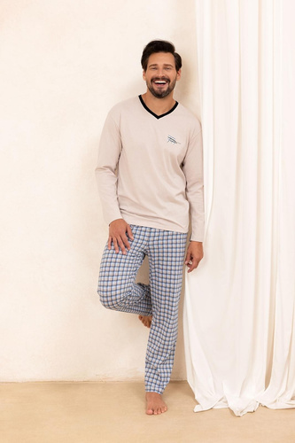 Regina 491 beżowa– męska piżama z bawełny, długi rękaw, klasyczny krój
