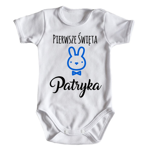 "Pierwsze Święta Wielkanocne niebieskie" body krótki rękaw Moocha białe