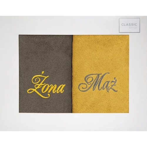 Komplet ręczników w pudełku Mąż Żona Eurofirany stalowy/musztardowy