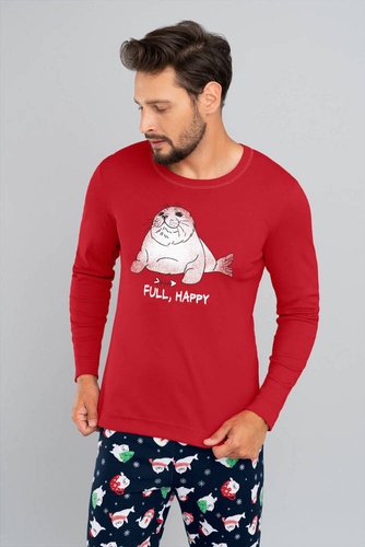 Piżama Męska długi rękaw, długie spodnie Elder Italian Fashion - czerwony/druk granatowy 