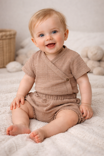 Body muślinowe Just Muslin Makoma latte– krótki rękaw, kopertowe, naturalne