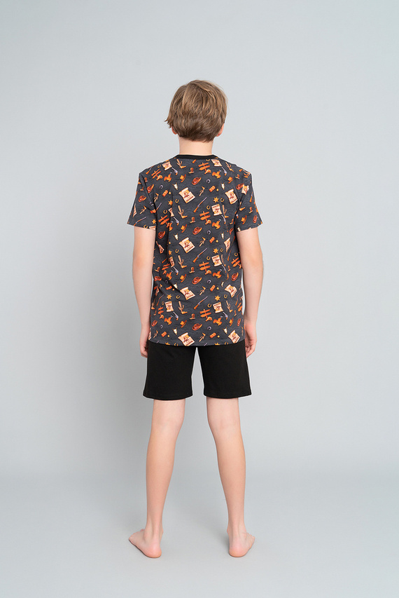 Piżama chłopięca krótki rękaw, spodnie Western Italian Fashion - grafit/czarny