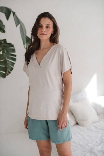 Bambusowa bluzka od piżamy ciążowej do karmienia krótki rękaw Moon Milk&Love jasny beżowy