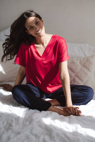 Bambusowa bluzka od piżamy ciążowej do karmienia krótki rękaw Moon Milk&Love malinowy