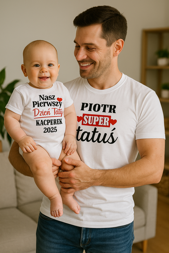 Komplet Moocha "Nasz PIERWSZY Dzień Taty" – body + koszulka męska, personalizowany, 100% bawełna, Dzień Ojca
