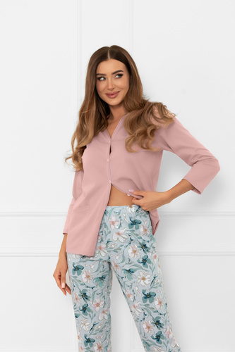 Damska piżama Sekwoja – komplet bawełniany, rozpinana bluzka i spodnie 3/4 Italian Fashion