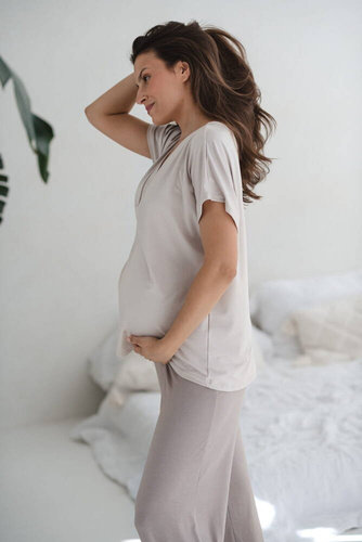 Bambusowe spodnie od piżamy ciążowej długie Moon Milk&Love beżowy