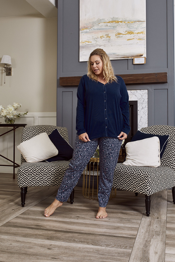 Piżama Damska długi rękaw, długie spodnie Sajna Italian Fashion - granat/druk