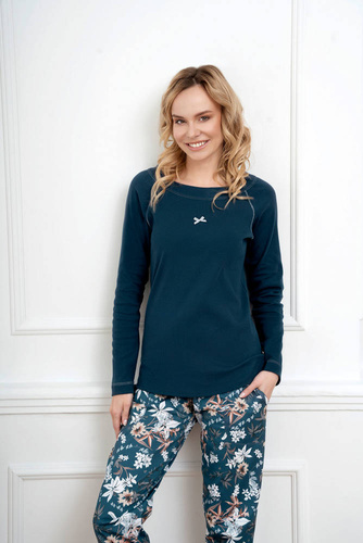 Piżama Damska długi rękaw, długie spodnie Hariet Italian Fashion - morski/druk 