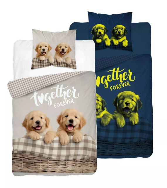 Pościel świecąca w ciemności 140x200 Pieski Together Forever 5553 A Fluo 95 + poszewka 70x90 | 100% bawełna | Dla dzieci