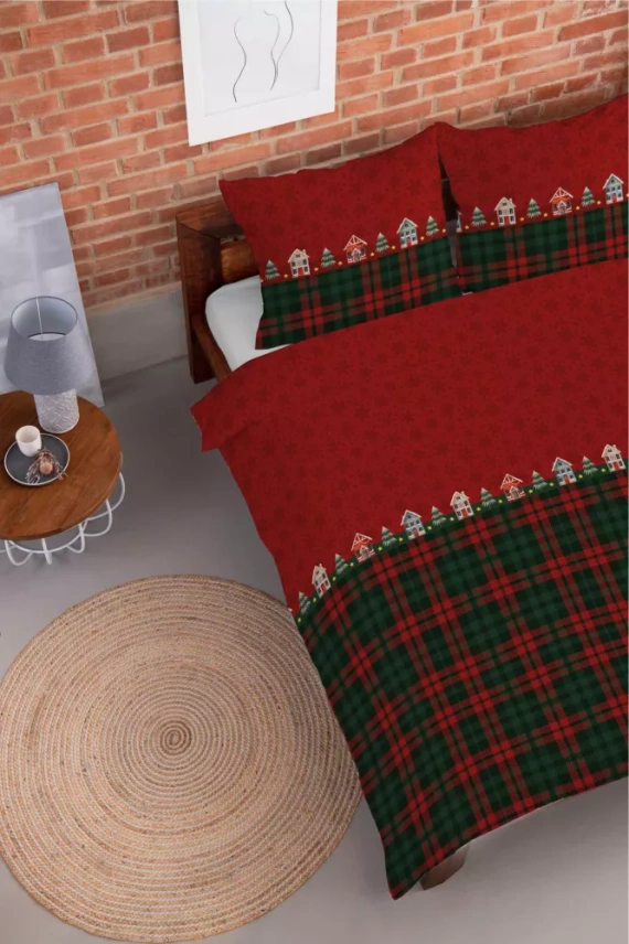 5619 A Magia Świąt Detexpol Pościel świąteczna flanelowa czerwona w domki i kratę– bawełna 100%, certyfikat OEKO-TEX®