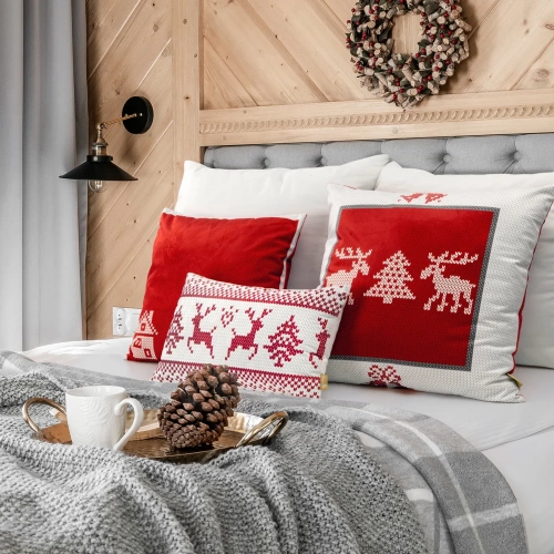 Poszewka świąteczna z motywem skandynawskim Noel 03 Eurofirany czerwony 