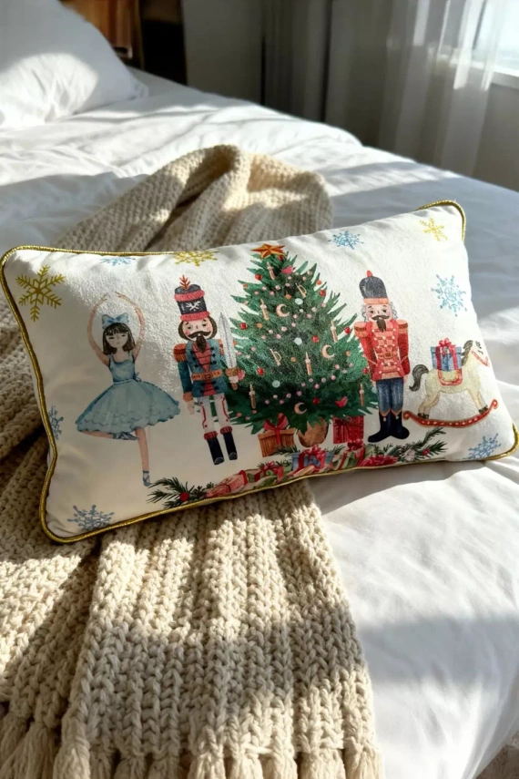 Świąteczna poszewka LED Christmas Time BN23 – velvet 30x50, biało-zielona z 12 lampkami LED