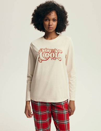 Henderson Dalisa 43717 – damska piżama kremowa z nadrukiem i flanelowe spodnie w kratę