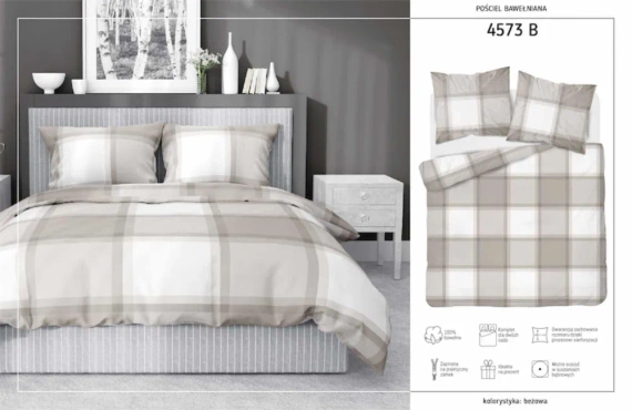 Pościel bawełniana krata 4573 B Detexpol jasny brąz