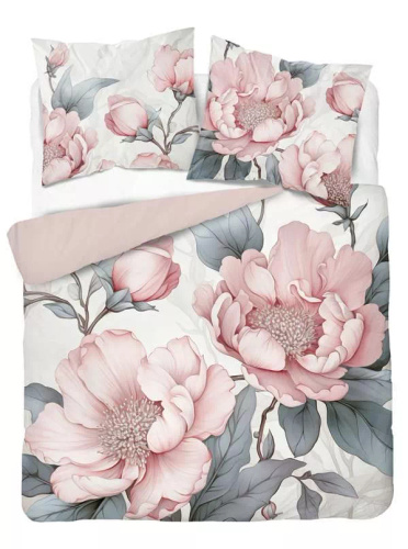 Pościel 3D z mikrofibry 5428 A Detexpol – z różowymi piwoniami i szarymi liśćmi