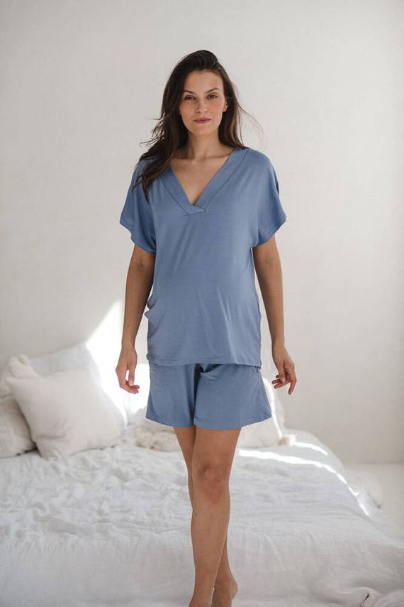 Bambusowa bluzka od piżamy ciążowej do karmienia krótki rękaw Moon Milk&Love ciemny błękit