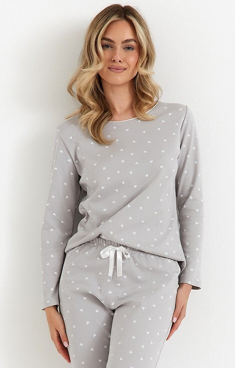 Piżama damska Cana 494 – bawełna interlock, serduszka, długi rękaw, spodnie