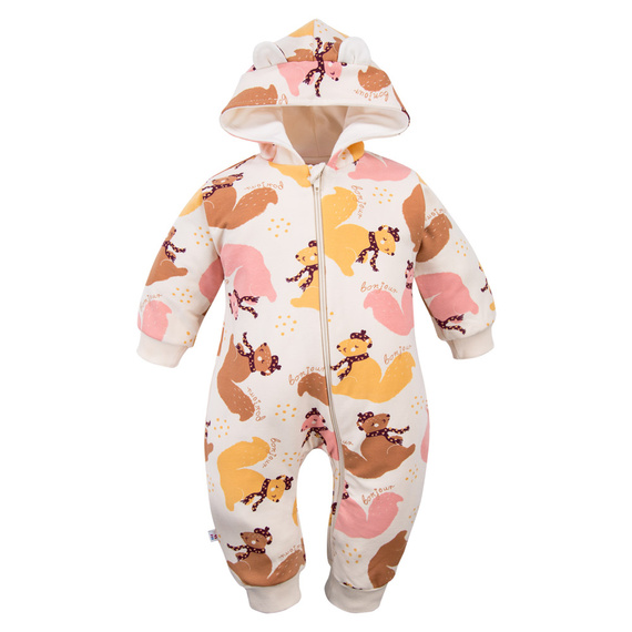 Ecru kombinezon dresowy Eevi z kapturem – Kolekcja Fluffy Tails, jesienny nadruk