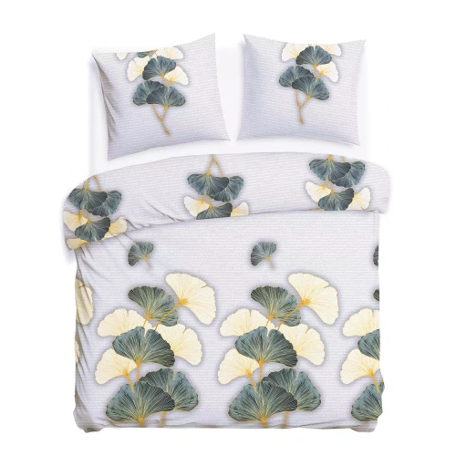 31510/1 Darymex Flanelove szara zielona liście miłorzębu– komplet pościeli flanelowej, 100% bawełna, ciepła i przytulna