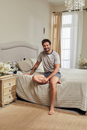 Piżama Męska krótki rękaw, spodenki Abel Italian Fashion - beżowy/druk