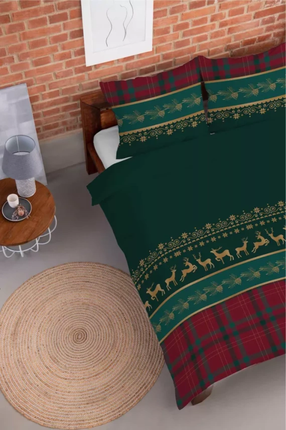 5620 A Magia Świąt Detexpol Pościel świąteczna flanelowa zielona z reniferami i kratą– bawełna 100%, certyfikat OEKO-TEX®