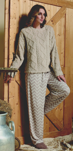 Sofie Sorbetto beżowa  – piżama damska sherpa, spodnie palazzo w zygzaki