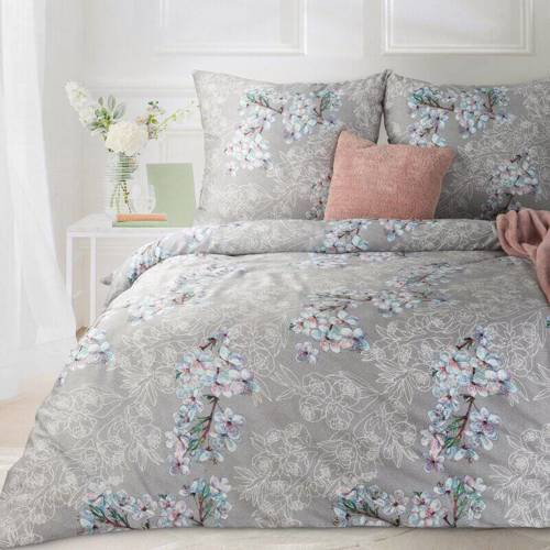 Pościel satynowa kwiaty Nelly 5 Eurofirany szary-niebieski