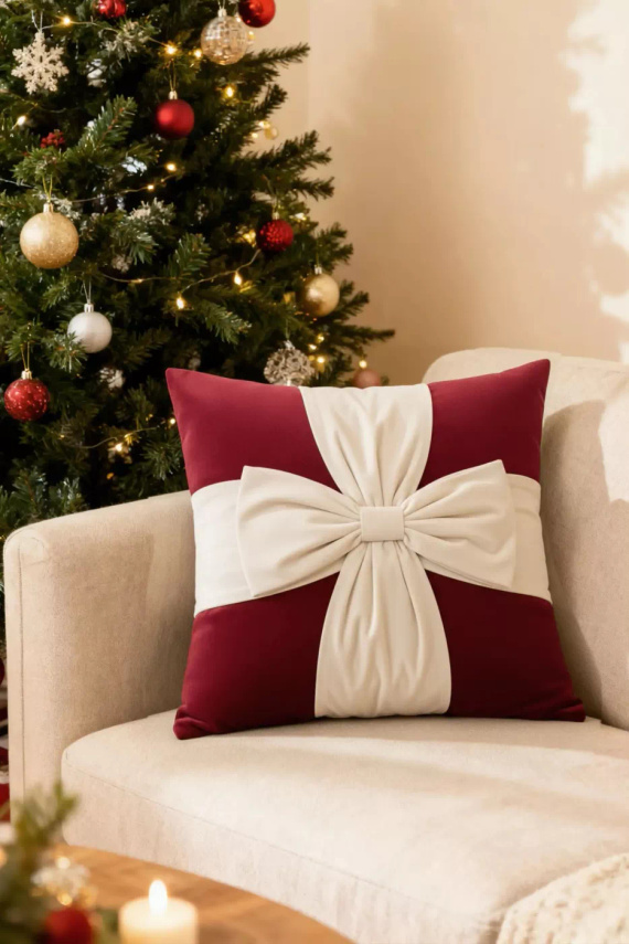 Świąteczna poszewka prezent Christmas Bow BN23 – velvet 45x45, biała z bordową kokardą, dekoracja premium