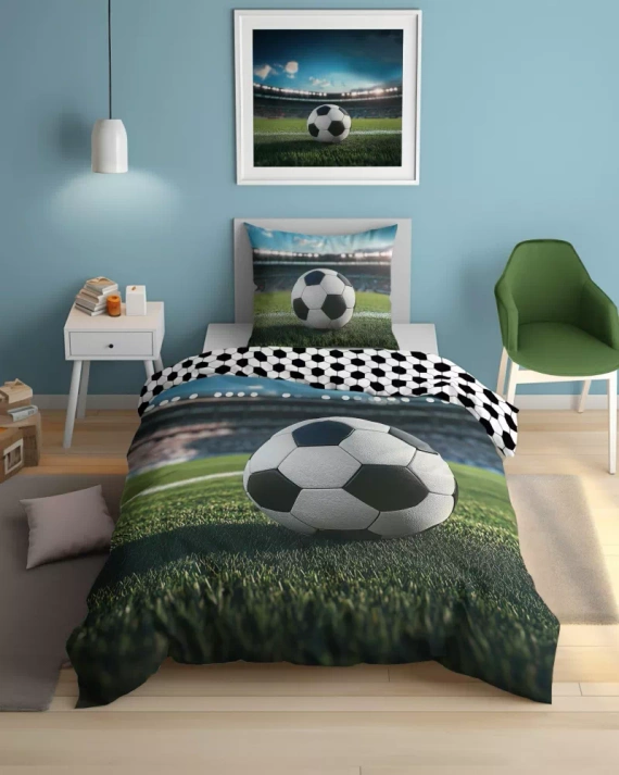 Pościel świecąca w ciemności 140x200 piłka nożna stadion 5546 A Fluo 95 + poszewka 70x90 | 100% bawełna | Dla dzieci