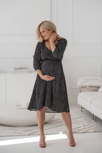 Sukienka ciążowa i do karmienia Lovely Dress Midi rękaw 3/4 Milk&Love kropki na czarnym 