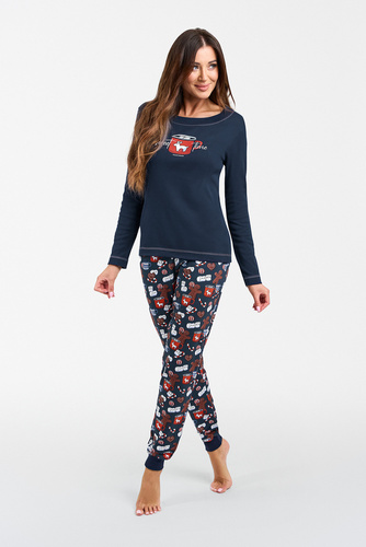 Piżama Damska długi rękaw, długie spodnie Makala Italian Fashion - granat/druk 