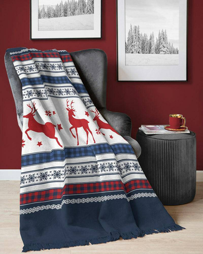 Koc świąteczny z frędzlami 100 JB renifery Detexpol granatowy/czerwony