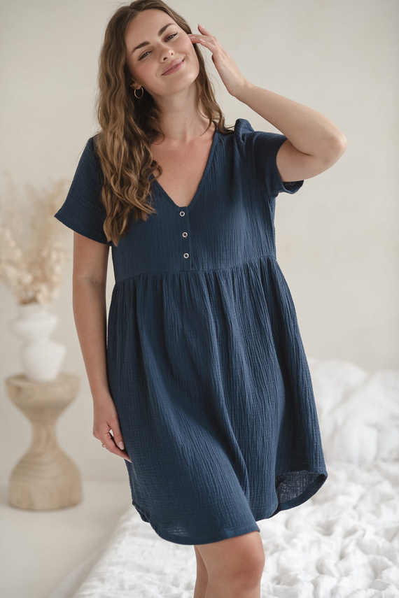 Koszula nocna ciążowa i do karmienia muślinowa Aurora Milk&Love blue jeans