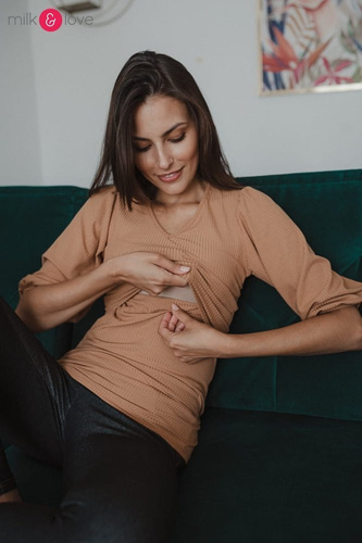 Bluzka do karmienia i ciążowa z dzianiny w prążek Milky Puff Milk&Love karmelowy