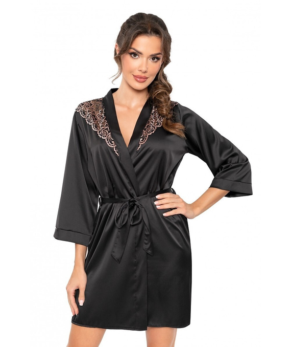 Szlafrok Donna Sabrina – satynowy peniuar z koronką i wiązaniem w talii