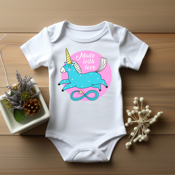 Body krótki rękaw "Made with love dla dziewczynki z jednorożcem" Moocha biały