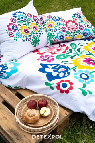 Pościel bawełniana Łowicka wycinanka 3612 A kwiaty kurpiowska Detexpol biały/szary