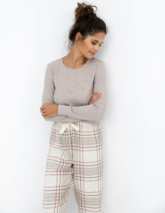 Sensis Angelina – ciepła piżama damska z melanżową bluzką i spodniami w kratkę