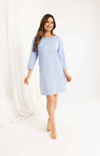 Regina 163 bawełniana koszula nocna – nadruk, rękaw 3/4, długość przed kolano- niebieska