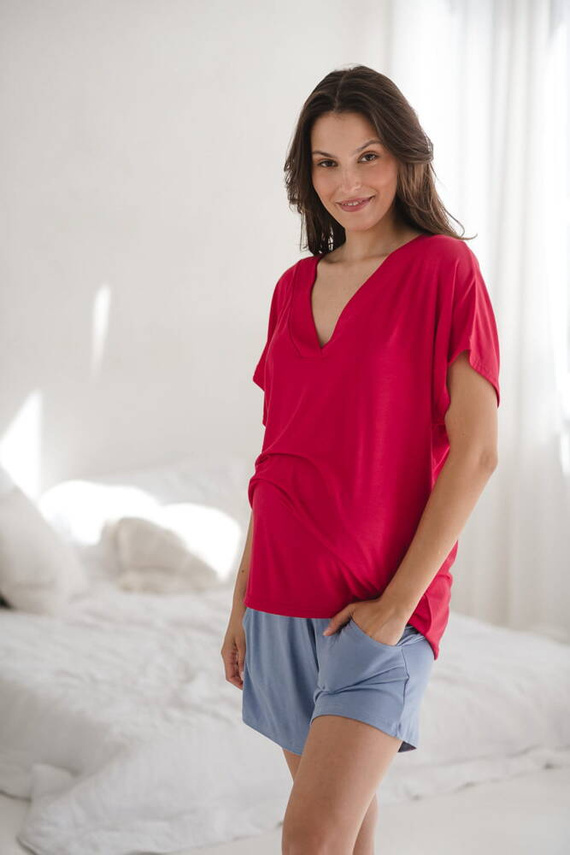 Bambusowa bluzka od piżamy ciążowej do karmienia krótki rękaw Moon Milk&Love malinowy