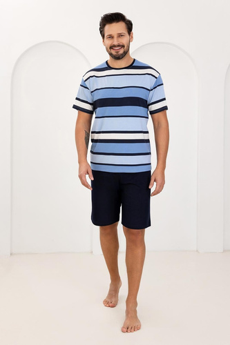 Bawełniana Piżama Męska Regina 501 – Klasyczne Paski, Krótki Rękaw i Spodenki, Komfort na Każdą Letnią Noc