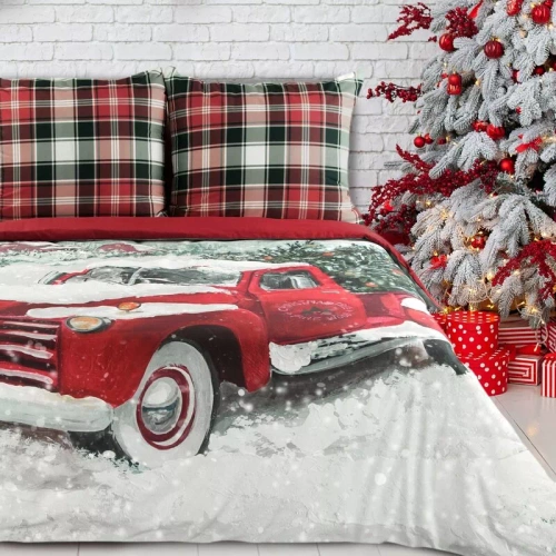 Eurofirany pościel świąteczna Vinti – czerwona kratka, bawełna 100%, motyw samochodu