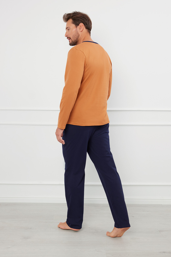 Piżama Męska długi rękaw, długie spodnie Juliusz talian Fashion - koniak/granatowy