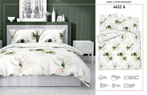 Pościel satynowa liście monstery 4452 A Home Satin Detexpol zielony