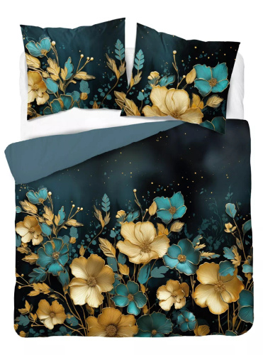 Detexpol Holland 5118 A pościel bawełniana ciemna w kwiaty złoto-turkusowe– dwustronna, naturalna, 100% bawełna