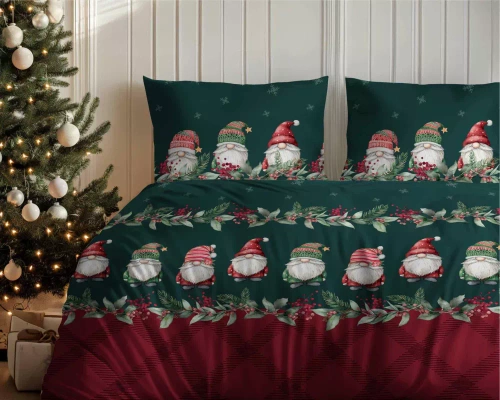 5618 A Magia Świąt Detexpol Pościel świąteczna flanelowa w skrzaty na bordowo-zielonym tle– bawełna 100%, certyfikat OEKO-TEX®